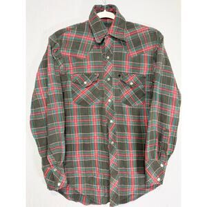 Vintage Western Plaid Pearl Snap Shirt Red Green Men Cowboy Rockabilly Small